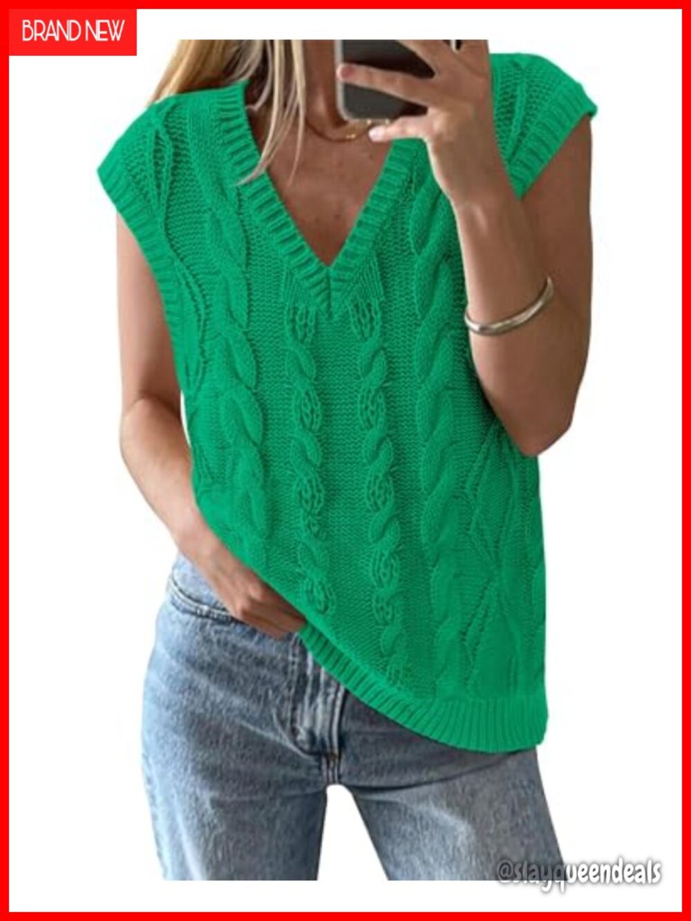 Oversized Cable Knit V Neck Sweater Vest Sleeveless Pullover
